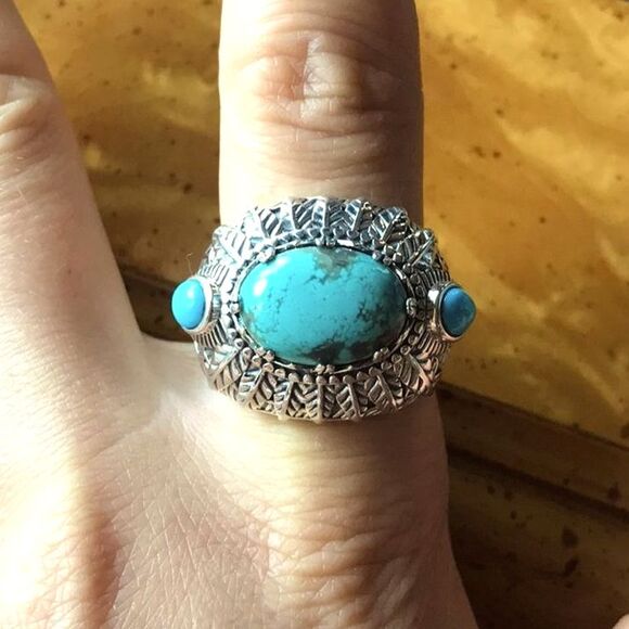 Natural Blue Turquoise Sterling Silver Ring Size 10 - Picture 1 of 7